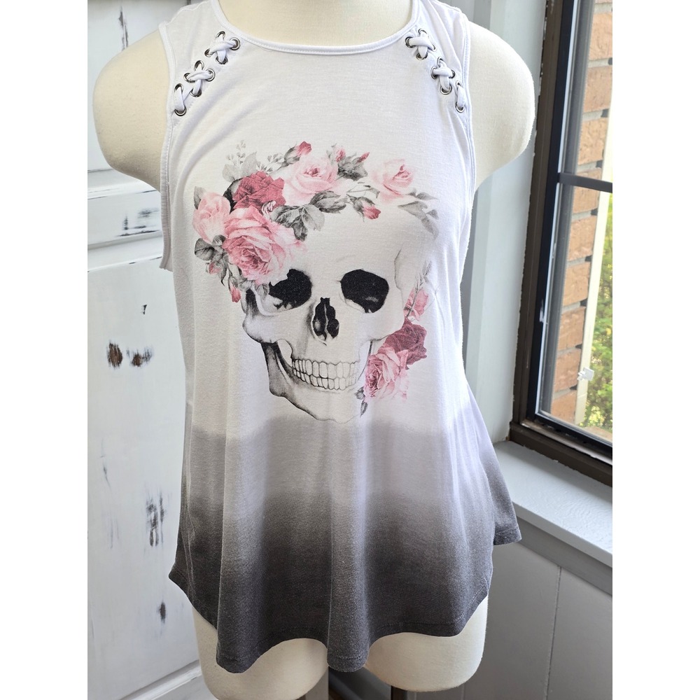 Bongo Skull Rose Ombre Lace Up Tank Top Women's Size Large